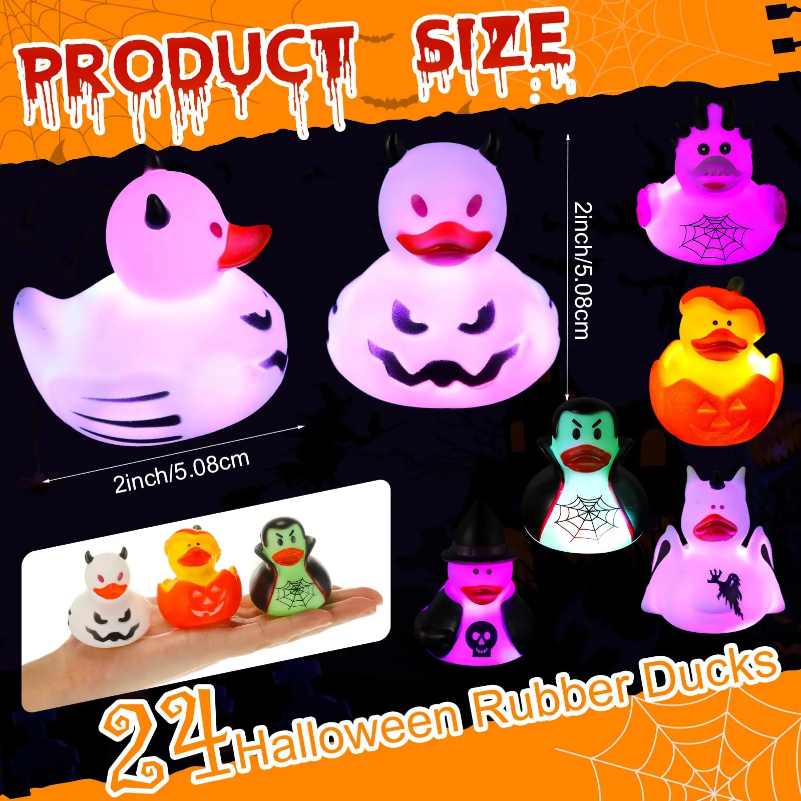 2\'\' Halloween Rubber Duck Bulk Glow in The Dark Rubber Ducks Bath Toy Halloween Themed Party Gift Assorted Duck Trick or Treat