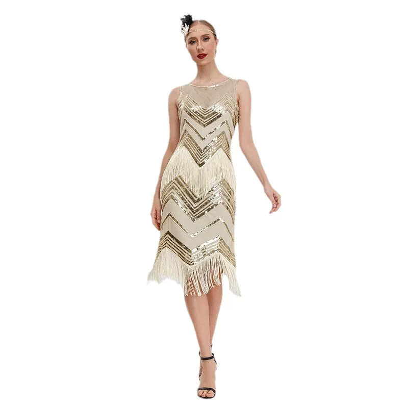 Fringe Vest Dress 1920 Flapper Cocktail Ball Sequin Beaded Evening Dress Charleston Dance Dress Great Gatsby Cosplay Costume