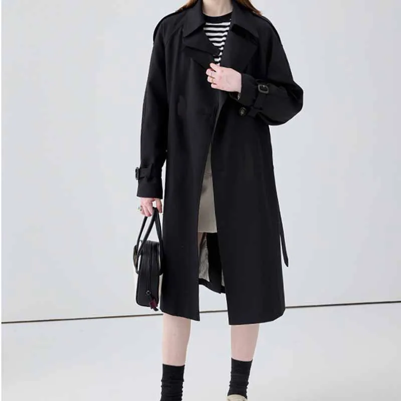 Women Jackets Long Trench Female Solid Color Coat Classic Lapel Long Sleeve Windproof With Belt Sprin Autumn Casual Streetwear