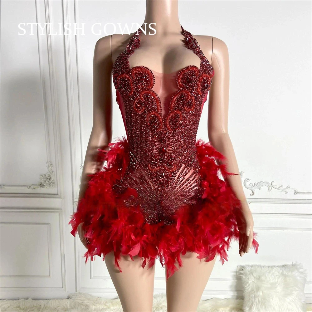Shining Red Crystal Short Prom Dress For Black Girl Homecoming Senior Cocktail Dress Birthday Party Gown 2025 Feathers Customiz image 3
