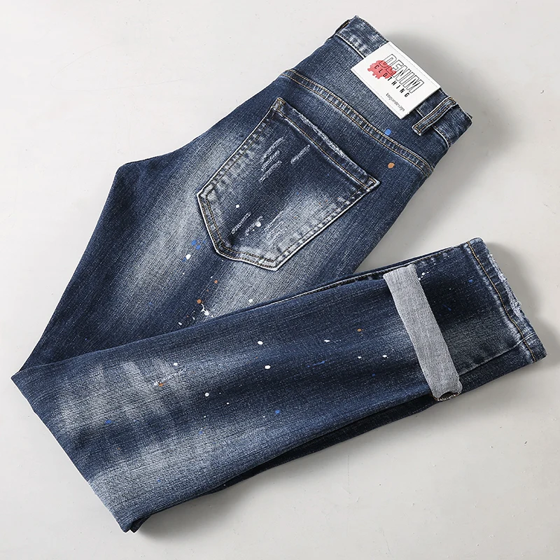 Street Fashion Men Jeans Retro Blue Elastic Stretch Skinny Fit Ripped Jeans Men Vintage Trousers Painted Designer Hip Hop Pants