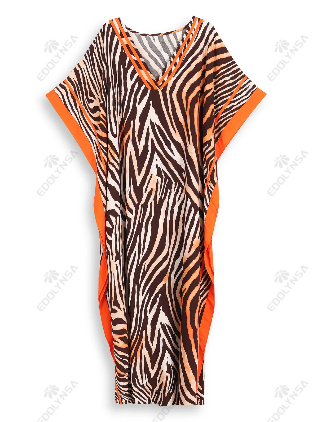 2024 Sexy Zebra Striped Printed V Neck Batwing Sleeve Plus Size Kaftan Summer Beach Cover-ups For Women Cozy House Dress Q1615