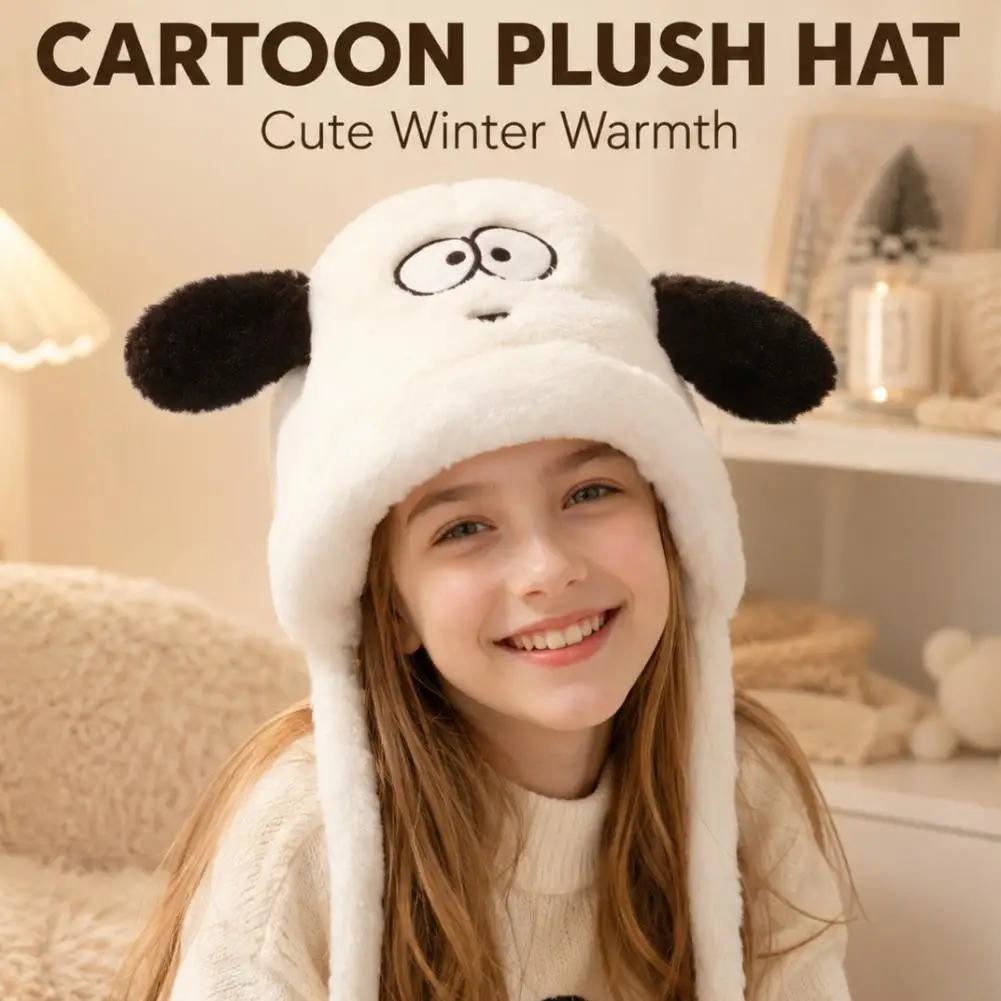 Super Cute Plush Dog Trapper Hat for Kids Girls Winter Fuzzy Faux Fur Russian Hat Full Hood Ski Hunting Earflap Hat with Pom Pom