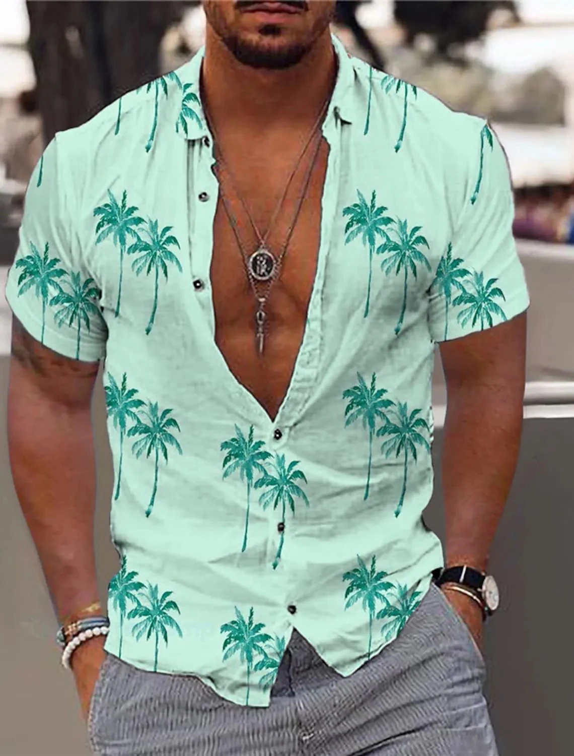 

2025 Coconut Tree Pattern Summer Hawaiian Men's Shirt Palm Pattern Lapel Street Outdoor Short Sleeve Button Men's Clothing