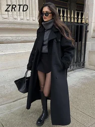 Street Women's Woolen Overcoat With Belt Loose Lapel Double Breasted Full Sleeve Long Coats 2024 Autumn Winter Lady Trench Coat