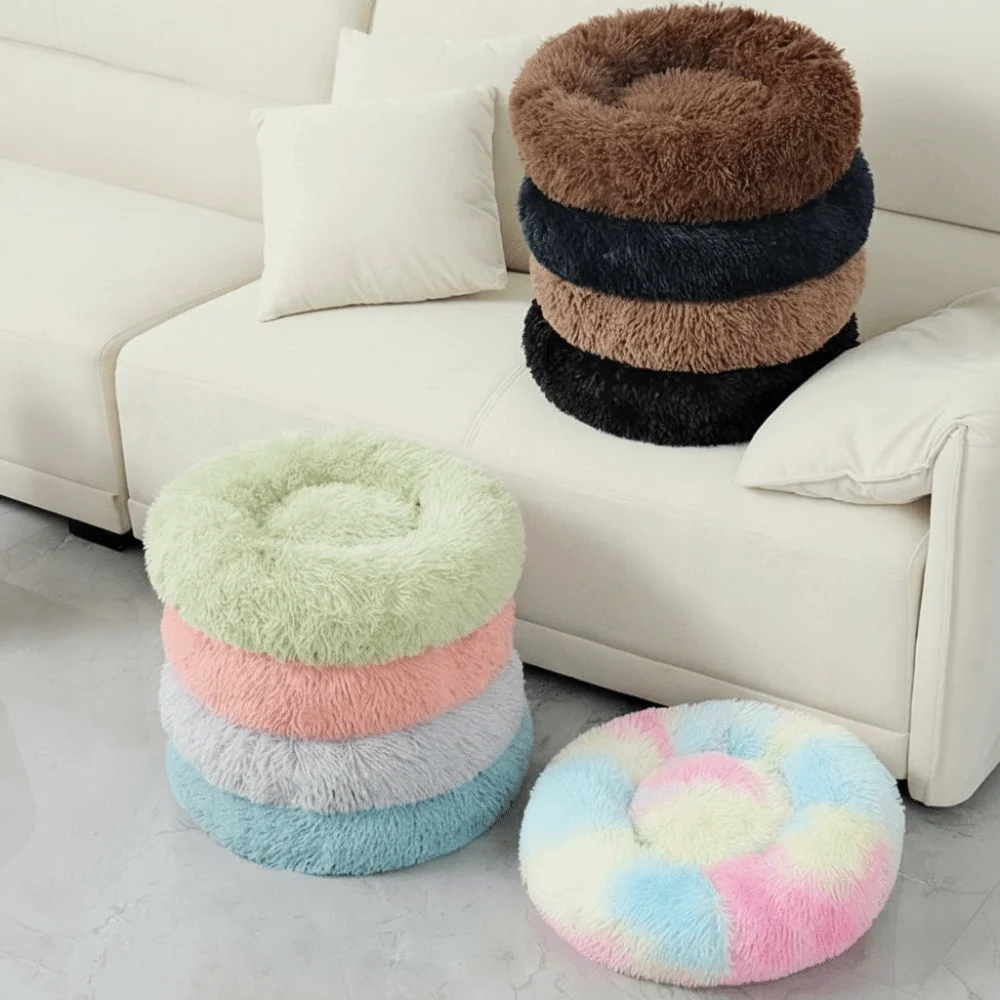 

Comfortable Warm Cat Nest Anti Slip Fluffy Long Nest Bottom Waterproof Round Cat Cushion Bed for Cats Dogs Puppy