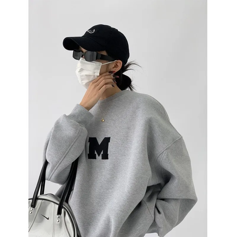 

Loose Casual Sweatshirts Women 2025 Autumn New Long Sleeve Letter Embroidery Solid Color Hoodie Round Neck Pullovers Sport Tops