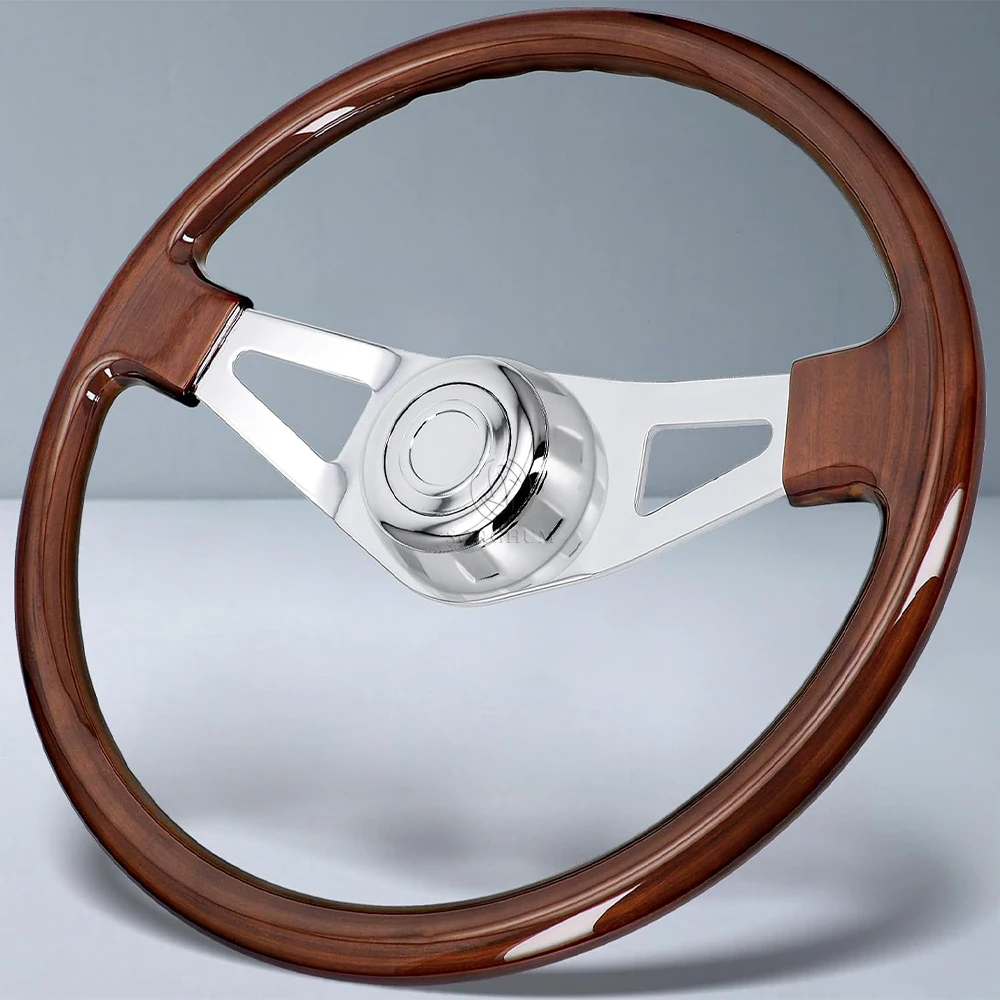 18-inch Aluminum Chrome Classic with Horn Button Solid Wood Steering Wheel For Semi-Trailer Mack Kenworth Peterbilt Volvo Trucks