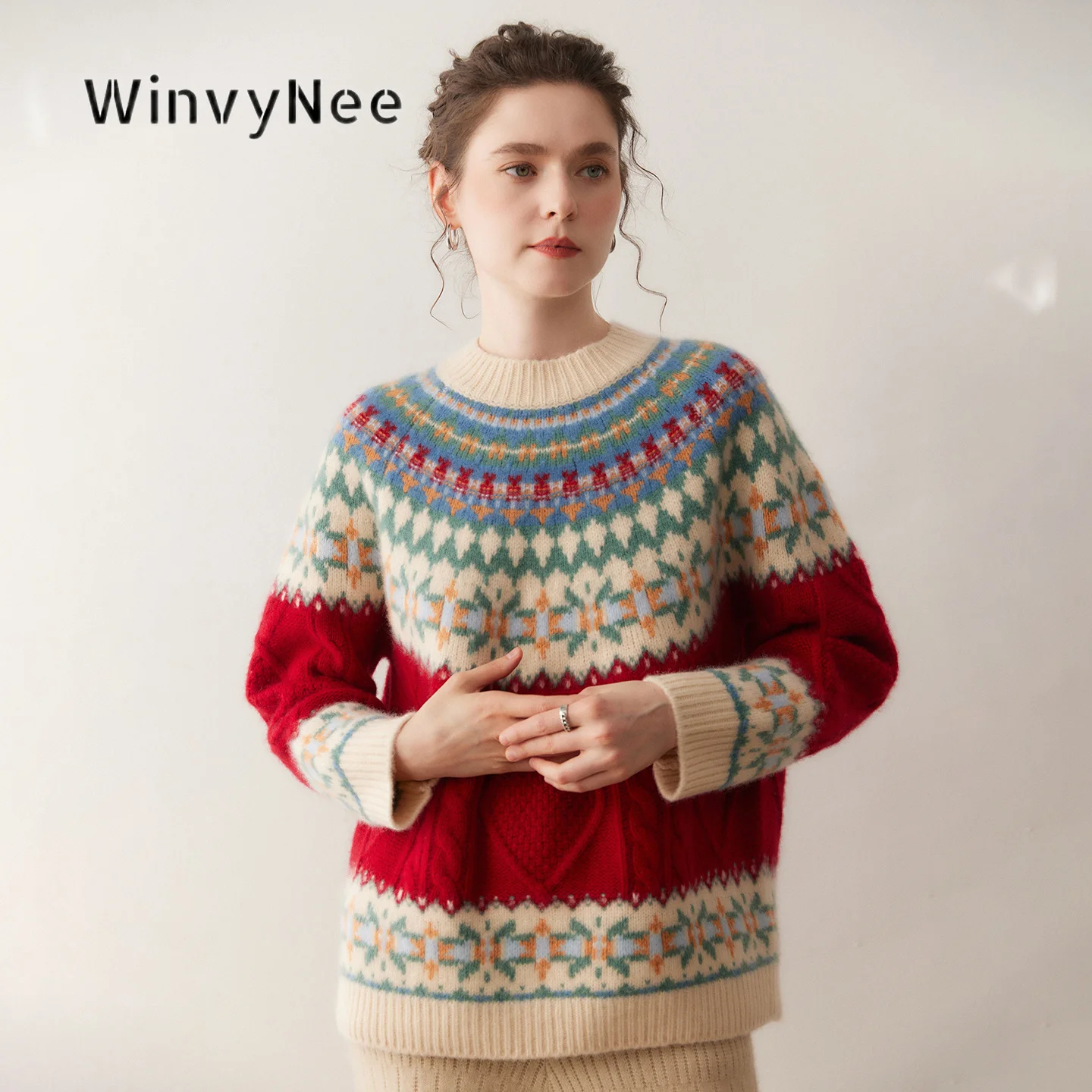 WinvyNee Womens Crew Neck Fair Isle Knit Pullovers Warm Cable Cashmere Wool Loose Retro Print Soft Autumn Winter Knit A1654026