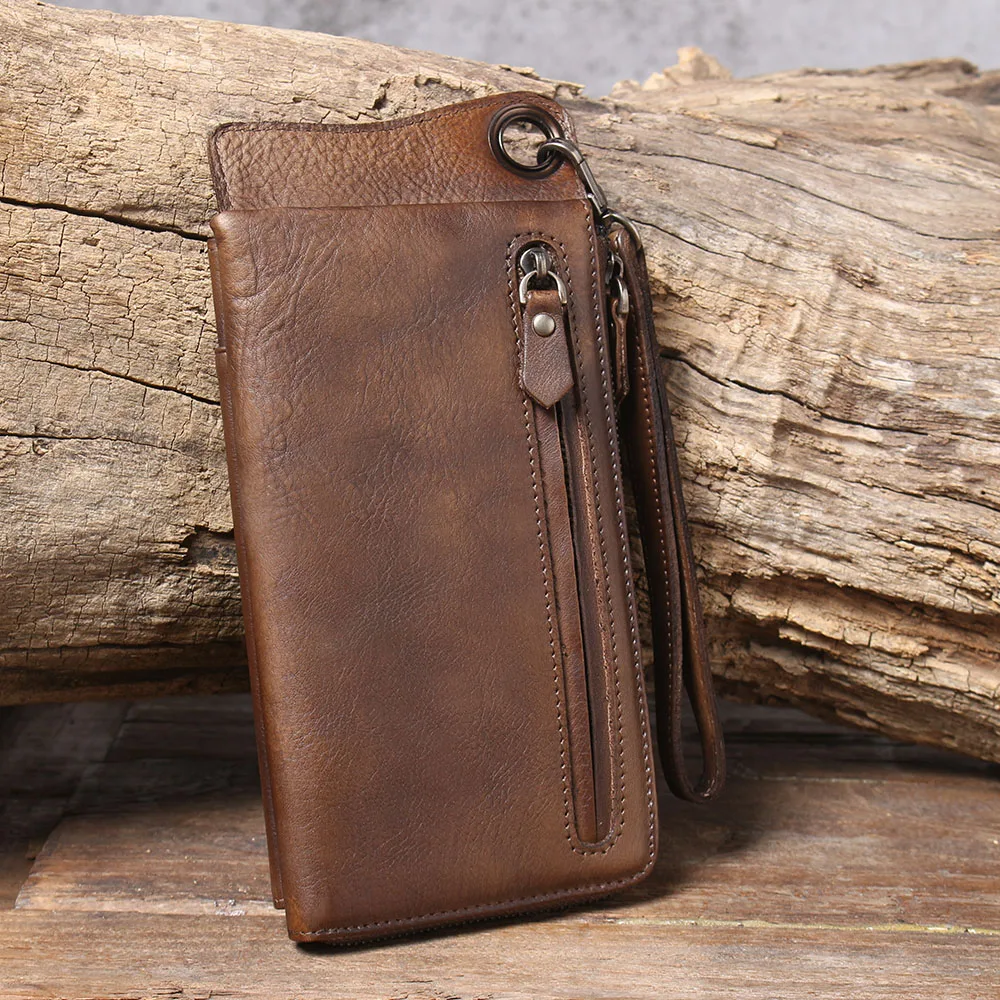 S.WORKER Echtes Vollnarbiges Rindsleder Langes Portemonnaie für Herren, Clutch mit mehreren Kartenfächern, Casual-Geldbörse mit Handgelenkschlaufe – Detail 18