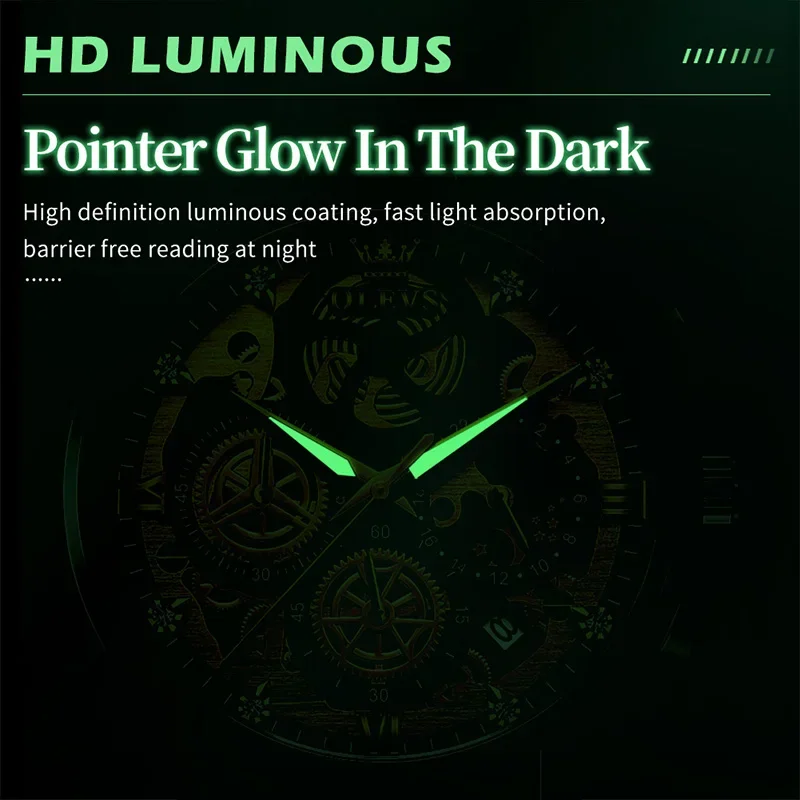 OLEVS นาฬิกาข้อมือ9947อเนกประสงค์สำหรับผู้ชาย, นาฬิกาข้อมือควอตซ์สแตนเลสสตีลกันน้ำได้สำหรับผู้ชายปฏิทินโครโนกราฟ