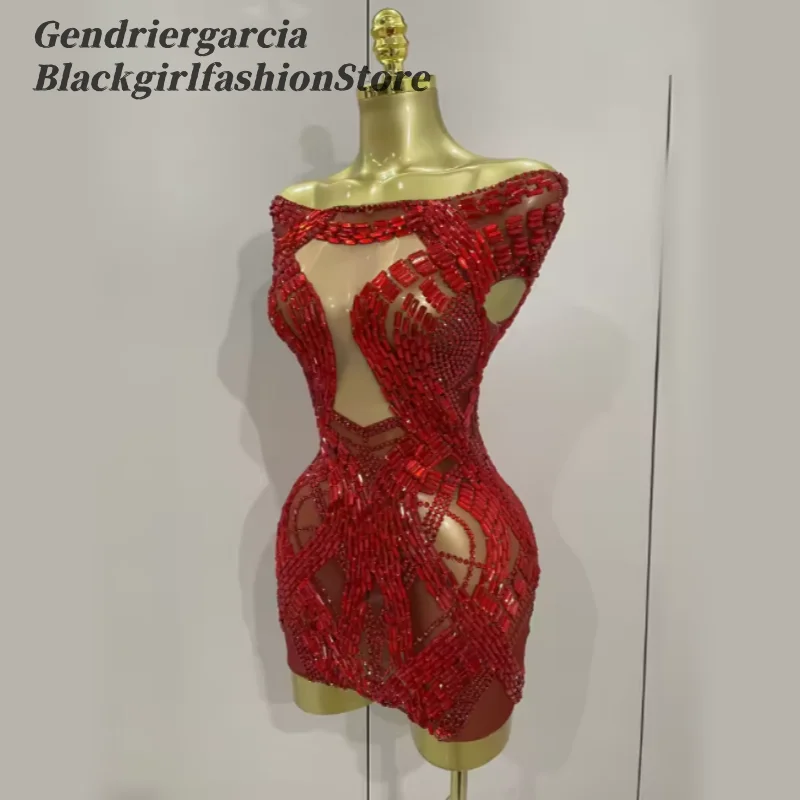 حار مثير الأحمر معطلة الكتف حجر الراين فساتين كوكتيل بلا أكمام شير مخصص فساتين السهرة القصيرة حزب للفتيات السود #1