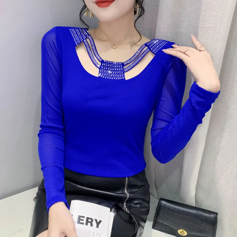 2023 Spring Autumn New Women Mesh Tops Fashion Cross Hollow Ironing Drill Long-Sleeved Bottoming Shirt Elasticity T-Shirt