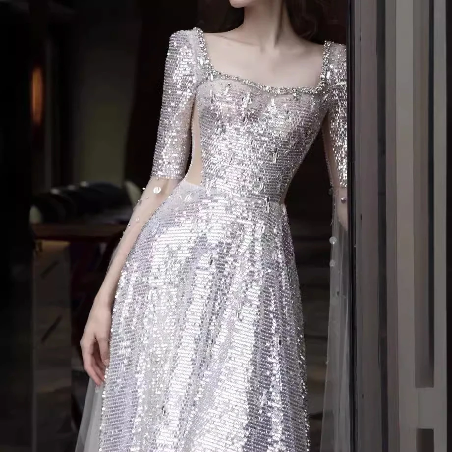 Luxury Long Evening Party Dresses For Women 2025 Gothic Silver Sequins Lace Half Sleeve Sexy Backless Women's Banquet Ball Gown