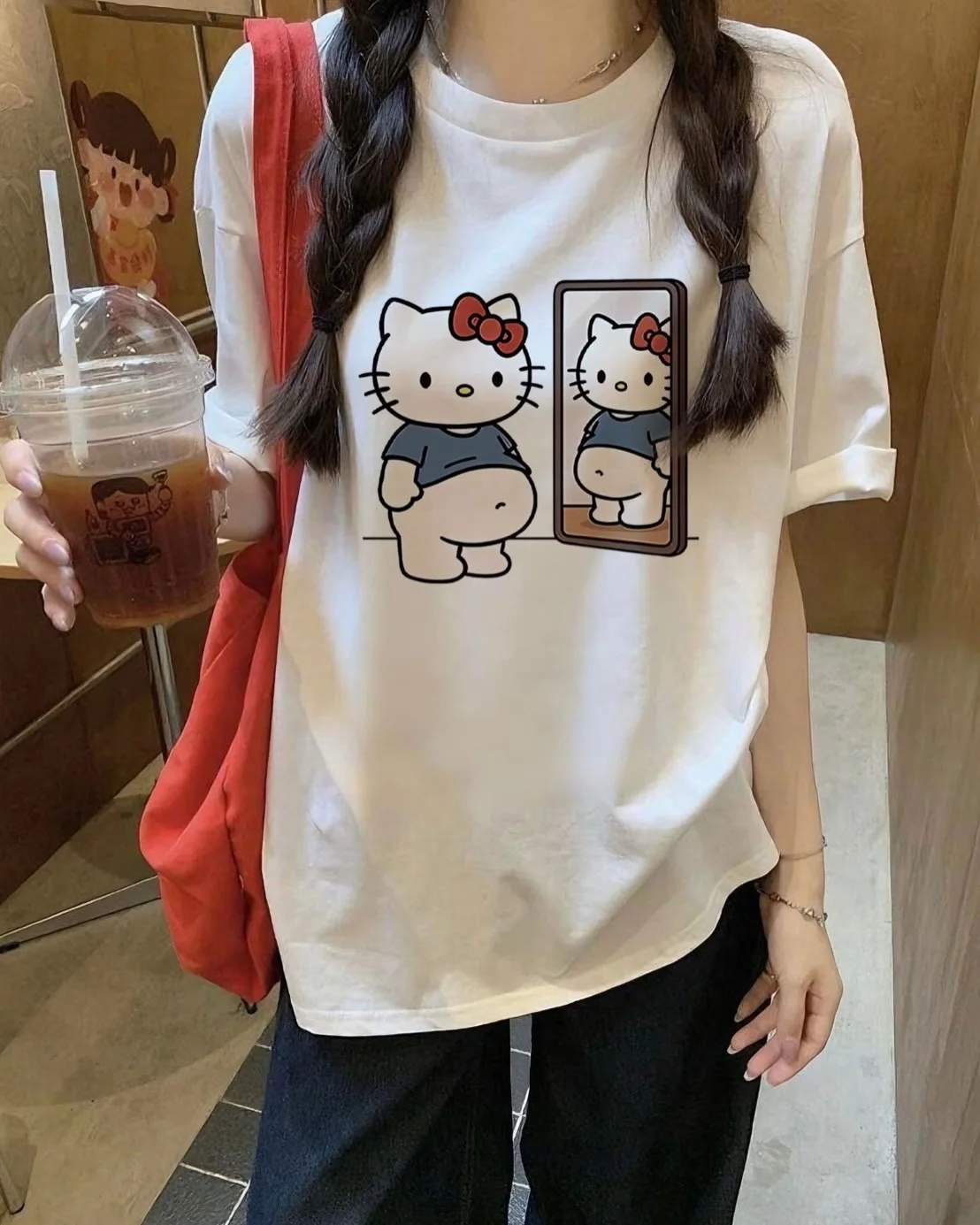 Hello Kitty Mirror Belly Graphic T‑Shirt Cute Cartoon Print O‑Neck Short Sleeve Oversized Loose Cotton Casual Female Tee Tops