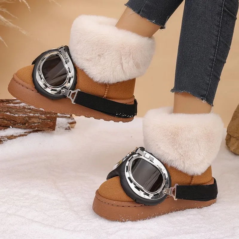 Winter Glasses Decor Thick Soled Comfort Women's Snow Boots New 2026 Fashion Fleece Lined Warm Round Toe Casual Boots for Women
