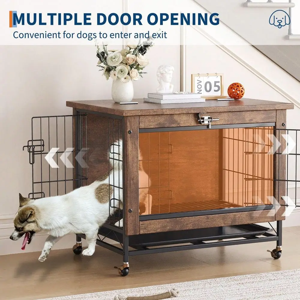 

Dog Crate Furniture With 2 Doors, Indoor Small Dog Crates With Wheels, Heavy Duty Wooden Kennel Furniture, End Side Table Cage,