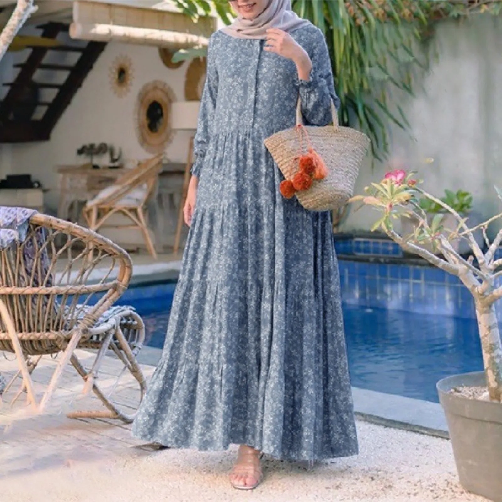 Ladies\'s Layered Floral Printed Full Sleeve Muslim Casual Long Dress Elegant Large Size Soft Breathable O-neck Long Sleeve Dress