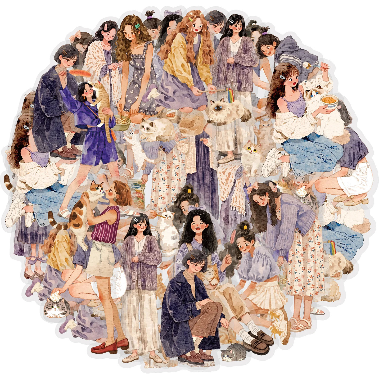 Etori Life 15Pcs Purple-Toned Gentle Girl-Style Cat-Themed Pet Stickers, Watercolor Character Journaling Collage Decoration Materials Suitable for Laptops, Phone Back Decorations, Handbags, Photo Albums, Diaries, Pen Holders, Pencil Cases, Household Ledgers, Postcards and Envelopes, Handmade Scrapbook Supplies, Office Decoration Accessories, Room Decoration, Student Gift Paper Bags, Party Decorations, Back-To-School Season