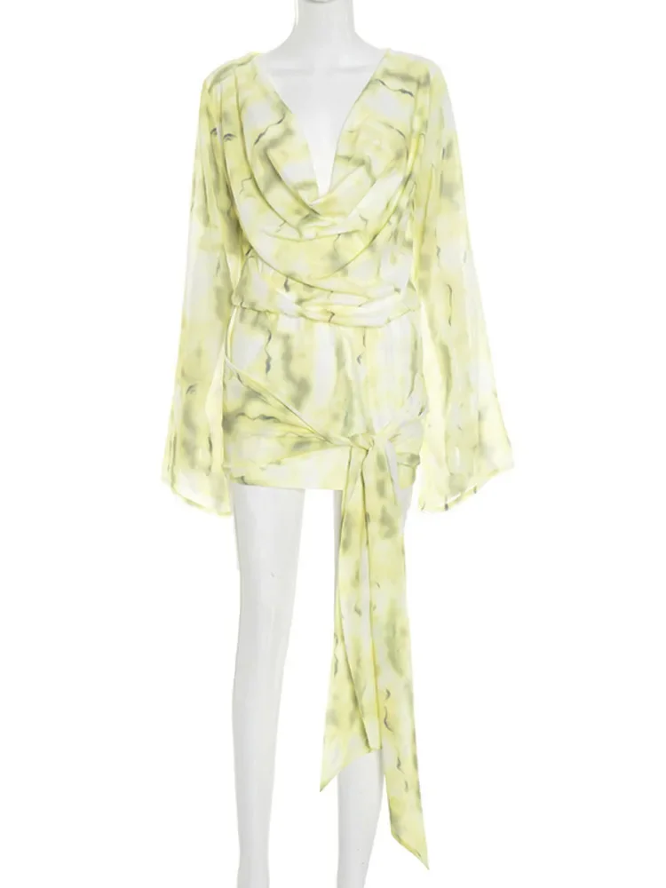 Tie Dye Print Langarm Sexy Minikleid Frauen Kleid Elegante Tiefem V-ausschnitt Drapierte Geraffte Club Party Kleider Mode