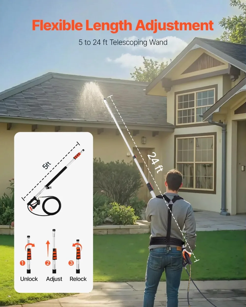 

4000 PSI Telescoping Pressure Washer Wand, 24 ft with 7 Nozzles, Brush & Harness for Gutter Cleaning