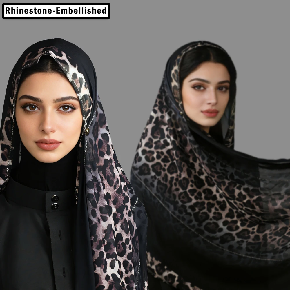 

Мерцающий роскошный шифоновый арабский головной убор из черного золота с леопардовым принтом — украшенный стразами, шелковистый, гладкий и мягкий на ощупь.2623