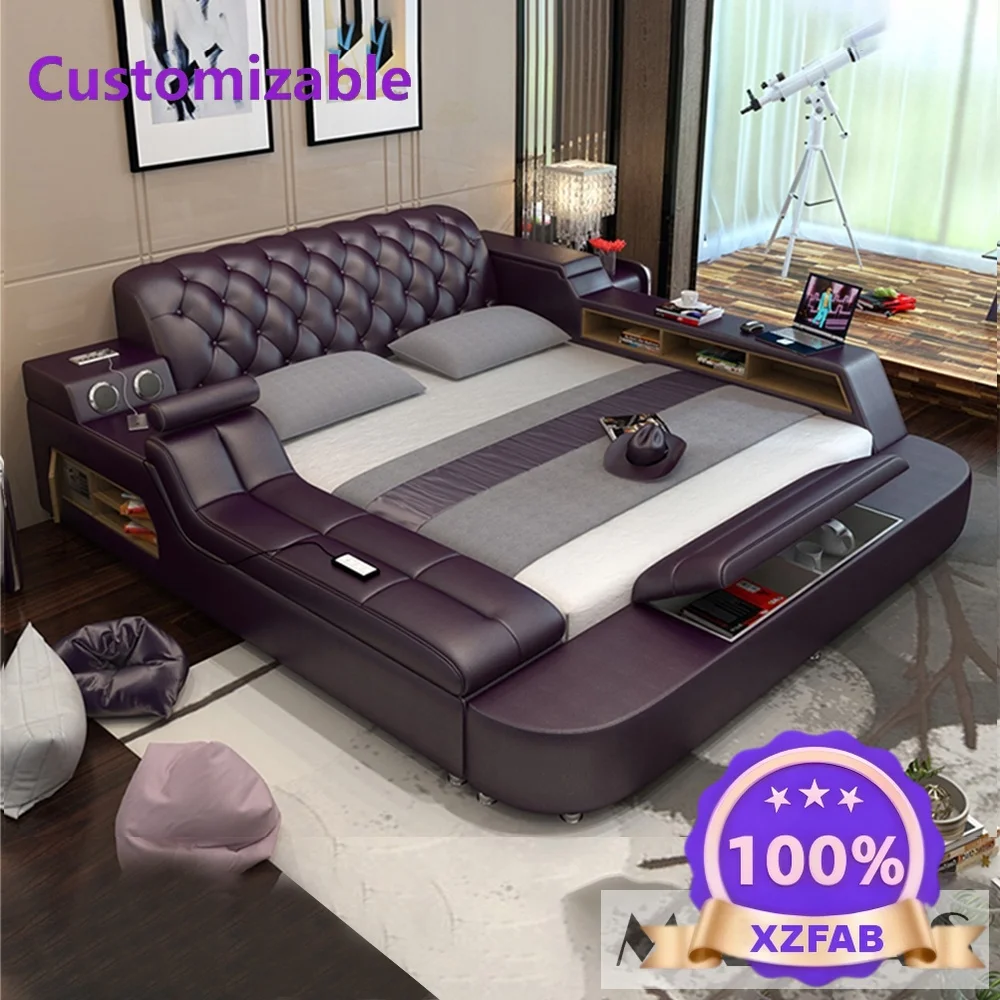 Factory Direct 2026 Luxury Multi-Functional Upholstered Platform Bed Frame with Speakers & LED Lights, Modern Tufted Headboard K