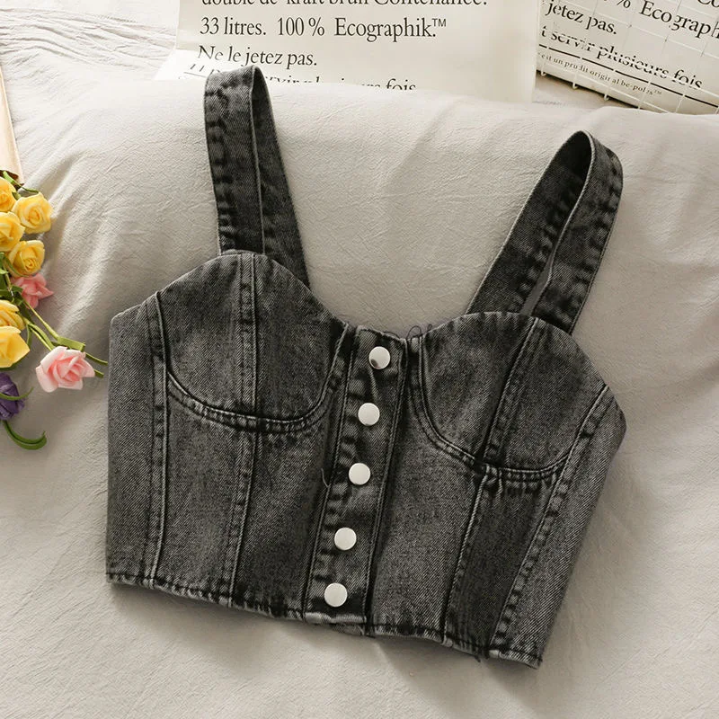 baby girls summer denim tank top single breasted kids crop top suspender Korean open back pleated camisole jeans 3 to 16 yrs