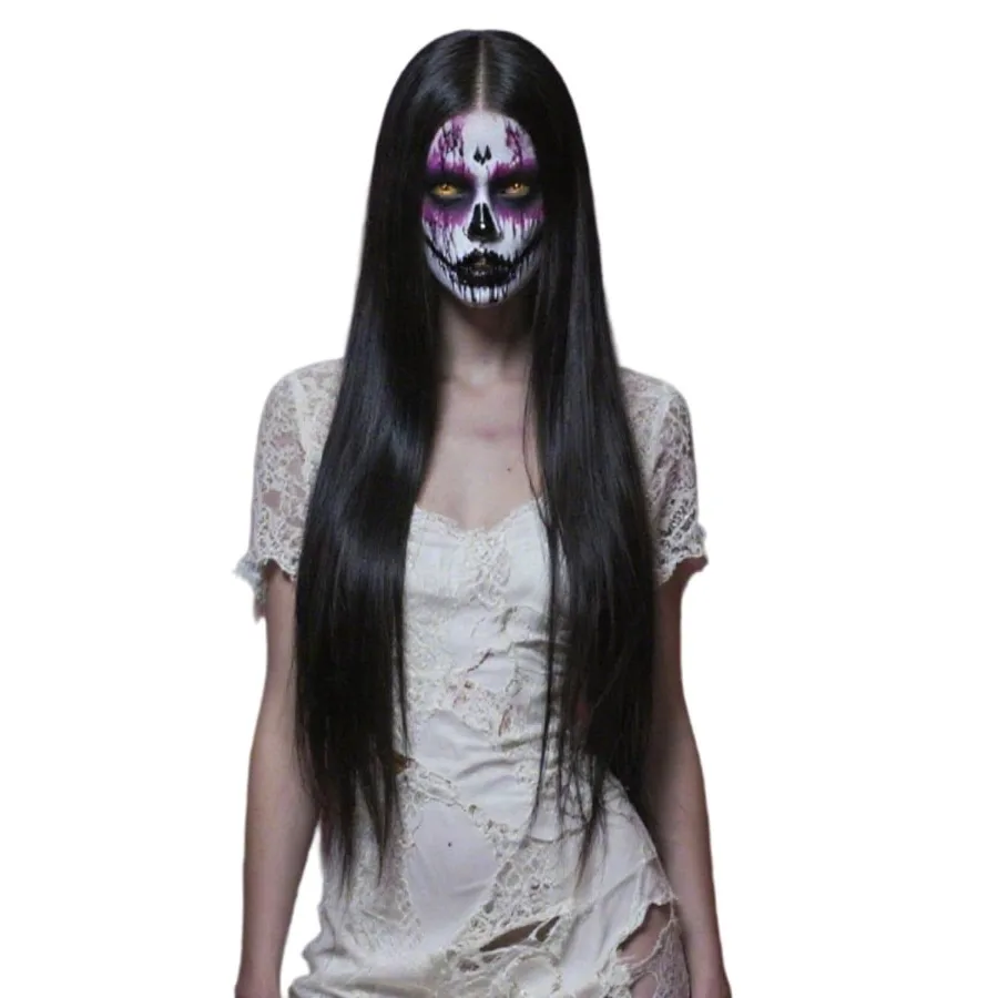 شعر مستعار أسود طويل مستقيم الجزء الأوسط 26 بوصة شعر مستعار صناعي بديل لمهرجان الهالوين والحفلات التنكرية بمظهر واقعي #1