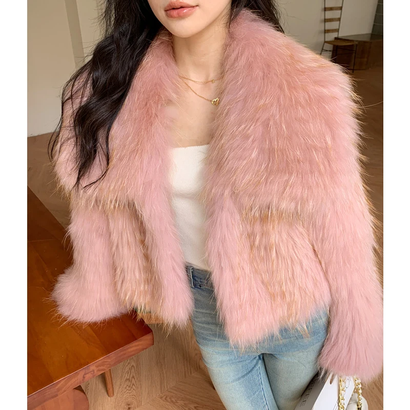 100% Natural Raccoon Fur Coats for Women 2024 Fashion Large Lapel Collar Female Pink High Waist Short  Real Fur Warm Jacket Tops