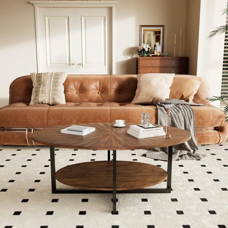 JESONVID Solid Wood Oval Coffee Table with Cross Metal Legs, 43.3in Modern Industrail Center Table,Open Shelf Cocktail Tea Table image 3