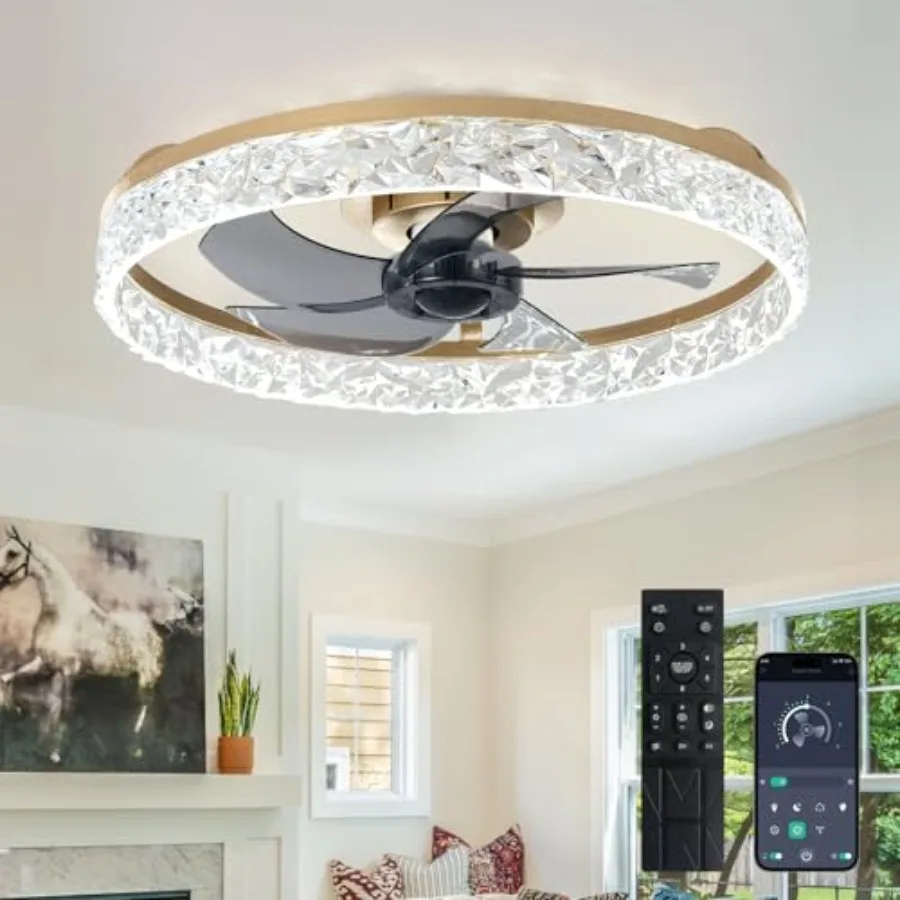 

Bedroom living room kitchen ceiling fan with light: 20 modern low profile flush mount gold fandelier, dimmable quiet DC motor,