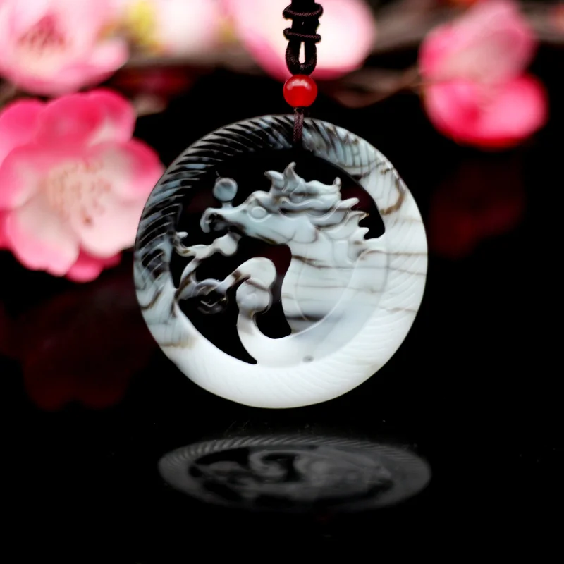 

Chinese Natural Black White Jade Horse Pendant Necklace Double-sided Hollow Carved Fashion Charm Jewelry Amulet Gifts Men Women