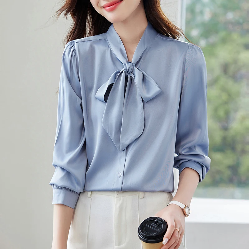 

Bow Tie Shirt Women's Long Sleeve Spring Autumn Ribbon Tops Blouse Single-Breasted Solid Color Tops Blouse