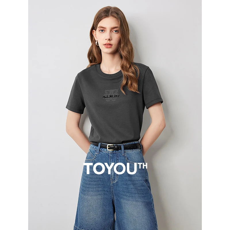 TOYOUTH Women Short Sleeve T-shirt 2024 Summer New Letter Bead Embroidery Fashion Casual Round Neck Comfortable Grey Tops