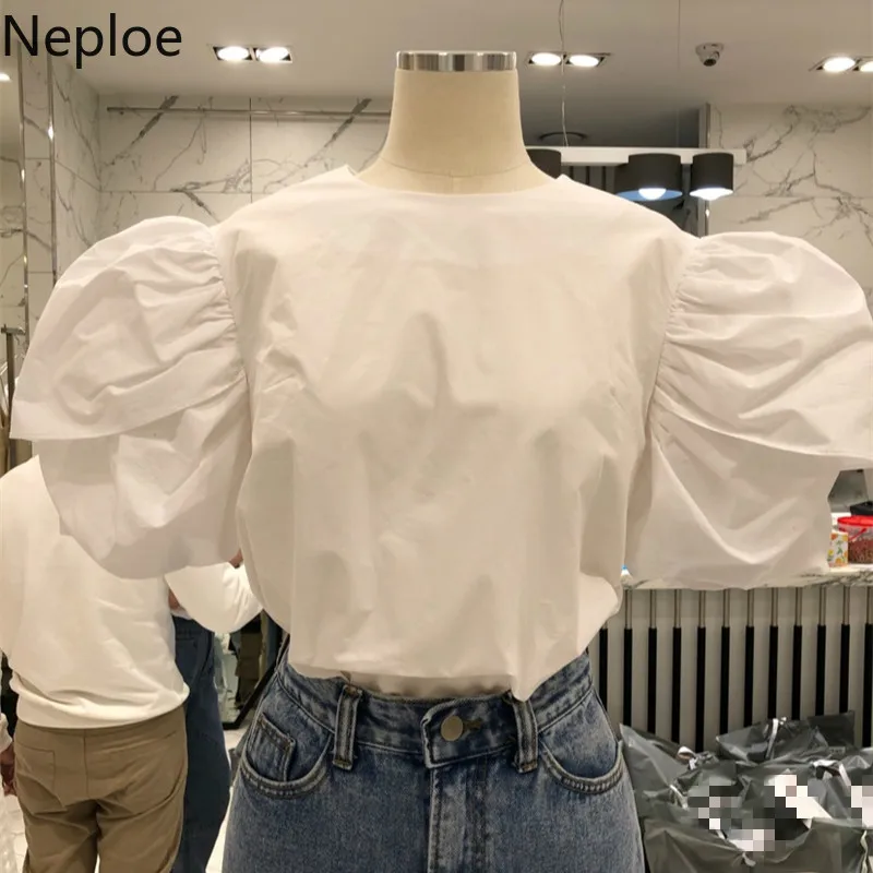 Neploe Puff Sleeve Blouse Women Solid Pleated O Neck Puff Sleeve Blusa Shirts Spring 2024 Fashion Casual Female Tops 1C809