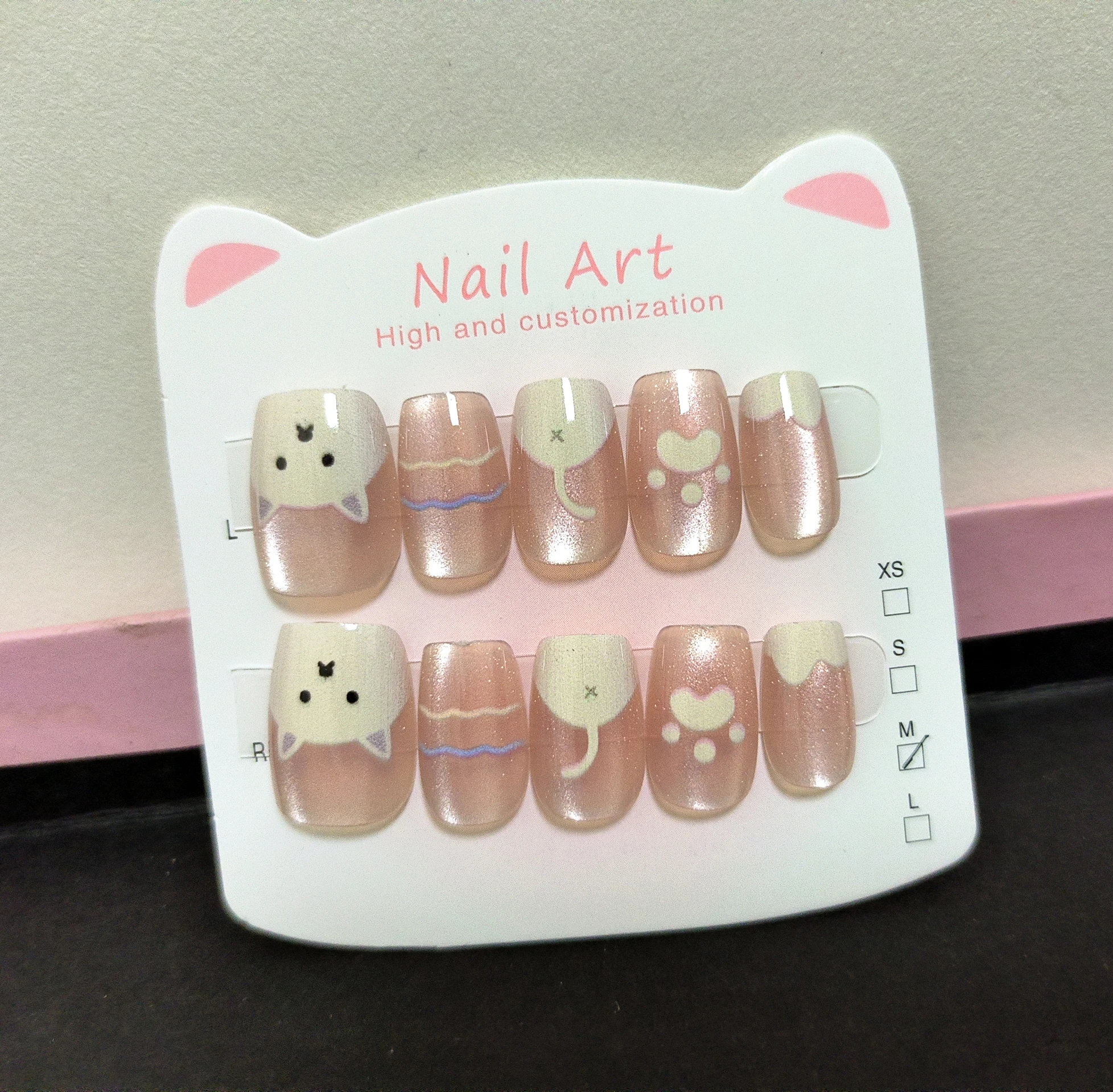 

10pcs Cute Cartoon Dog Pink Korean Handmade Press On Reusable False Nails Tips Short Square Artificial Cat Eye Girl Fake Nails