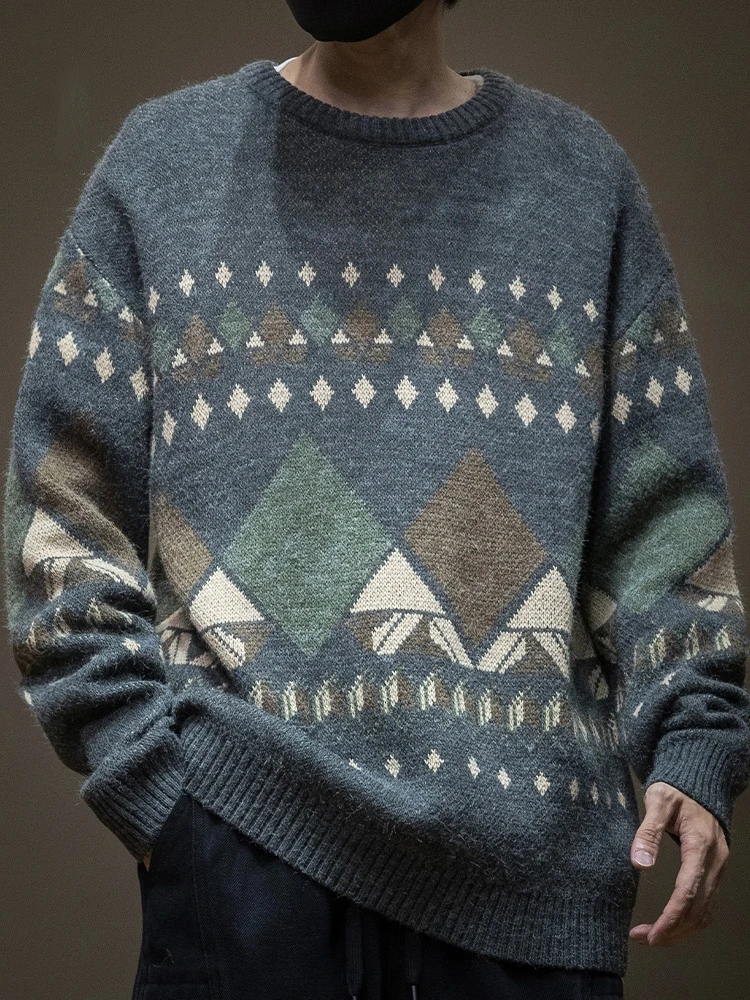 

Мужской свитер с геометрическим узором в стиле ретро, свободный круглый вязаный свитер, осень-зима, новый повседневный удобный теплый длинный све