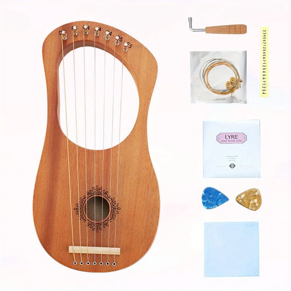 Lyre Harp, 7 Metal Strings for Beginner with Tuning Wrench, Spare String Set, Manual