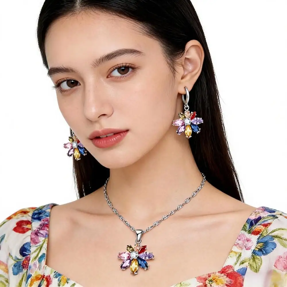 

Изысканный комплект украшений из стерлингового серебра 925 пробы: колье и серьги-подвески с разноцветными цветами и кристаллами циркона для женщин и девушек, для свадьбы, вечеринки, в подарок