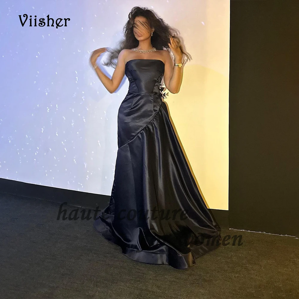 

Black Satin Evening Dresses Strapless Pleats Satin Long Formal Dress with Train Long Prom Party Dress Lace Up Back