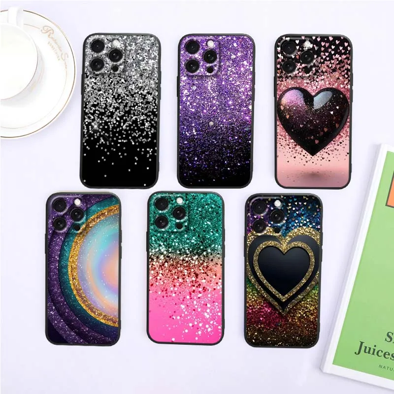 

Sparkling Art Love Heart Phone Case For Apple iPhone 17 16 16E 15 14 13 12 11 Air Pro Max Plus Black Soft Silicone Cover