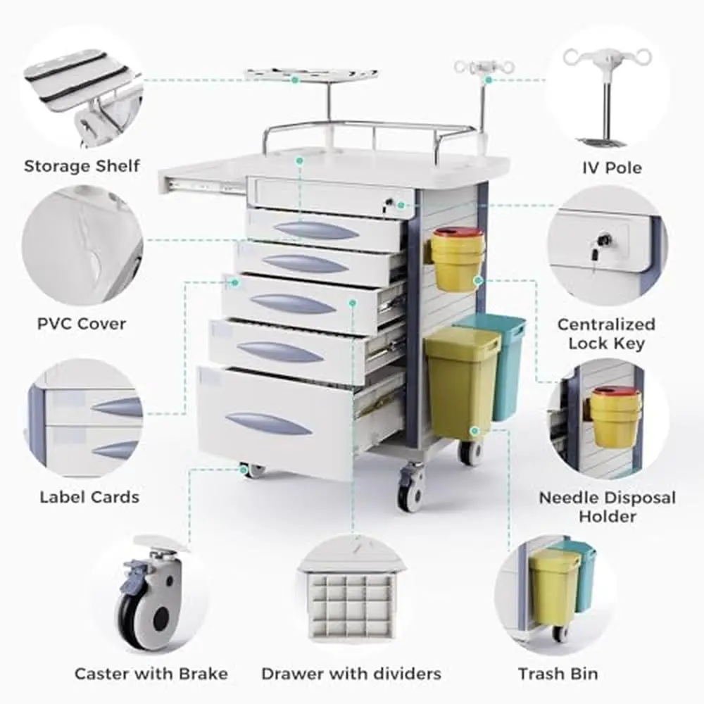 Medical Rolling Crash Cart with CPR Board IV Pole O2 Holder Trash Bin and Dividers Mobile Medical Cart with Wheels and Spacious