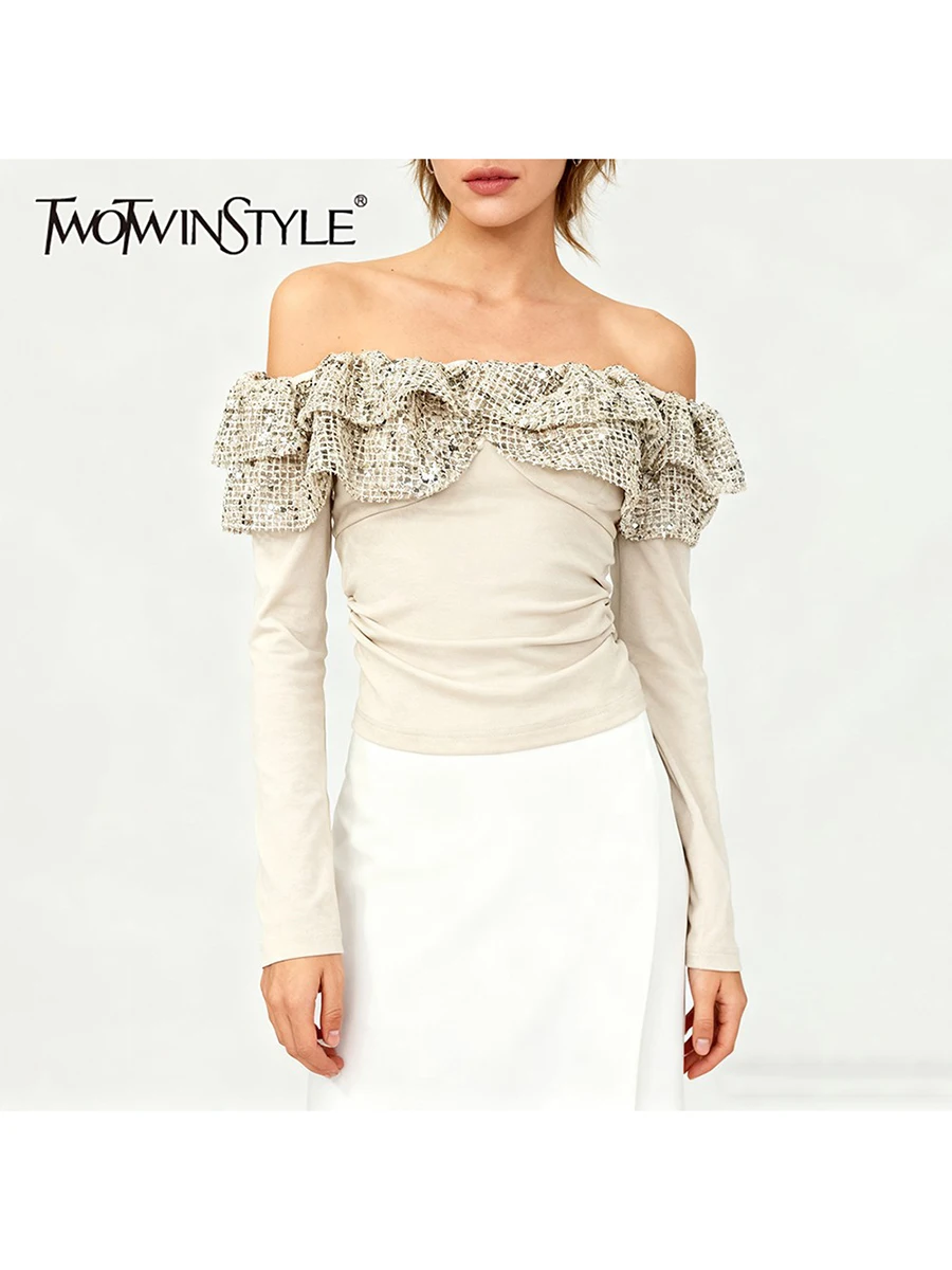 

TWOTWINSTYLE Slimming Spliced Ruffles Folds Vintage T Shirts for Women Slash Neck Long Sleeves Patchwork Sequins T Shirt Female