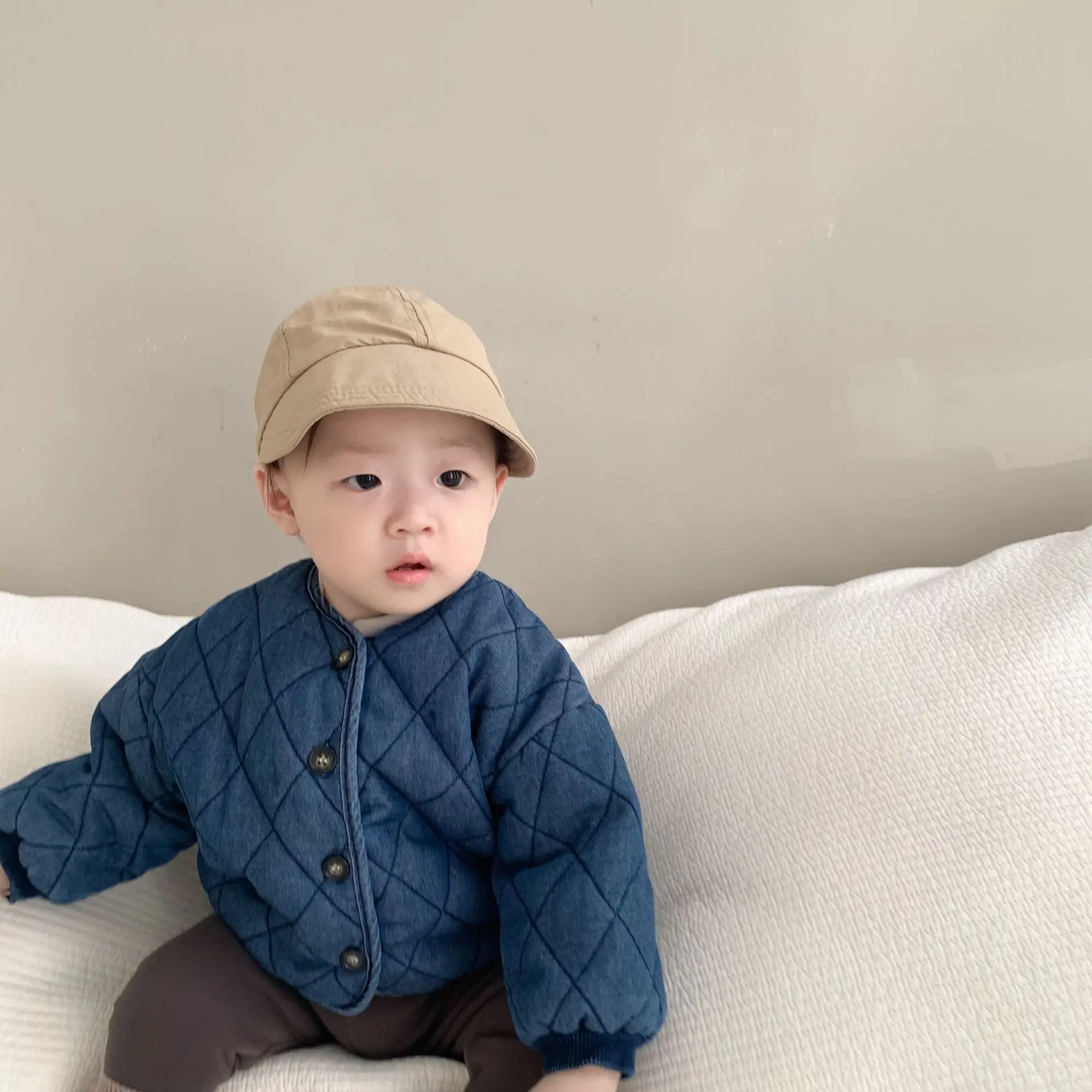 Manteau en denim épais à carreaux de diamant pour enfants, veste décontractée en coton pour bébé, cardigan monochrome rétro pour garçon, automne et