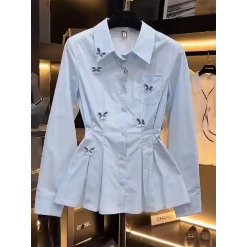 

Spring new plus size 2025 fashion high-end sense niche long sleeved POLO collar waist slimming and stylish shirt for women