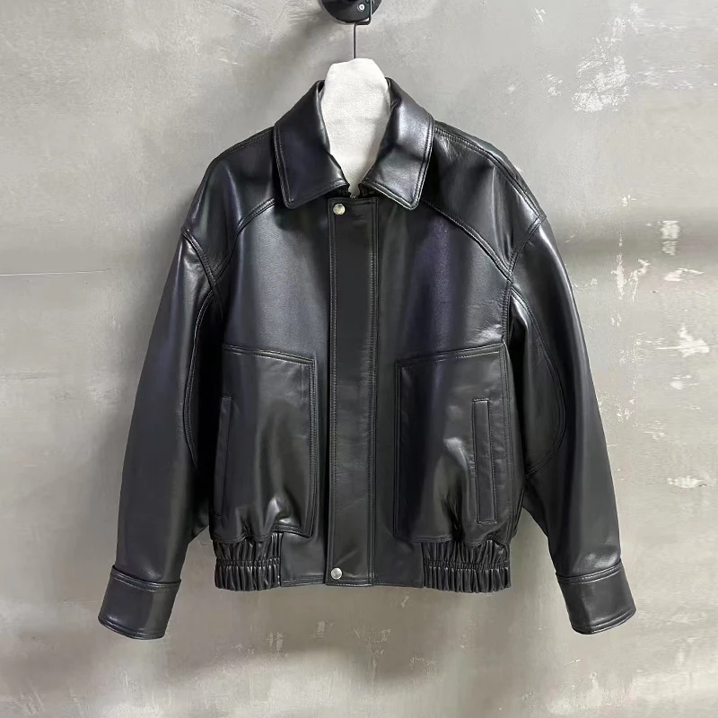 2025 Fall Retro Kid Suede Women Real Leather Jacket Coats Casual Loose Female Elastic Waist Imported A-level Lambskin Jacket Top