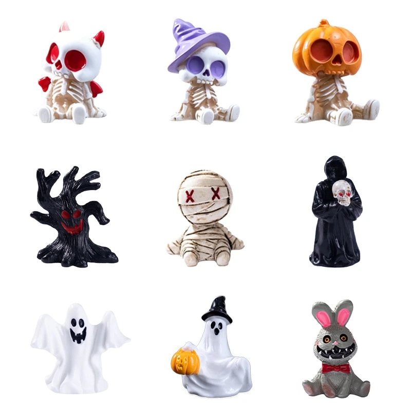 9pcs Halloween Resin Skeleton Mummy Figurines Mini Statues for DIY Micro Landscape Bonsai Car Desk Decor
