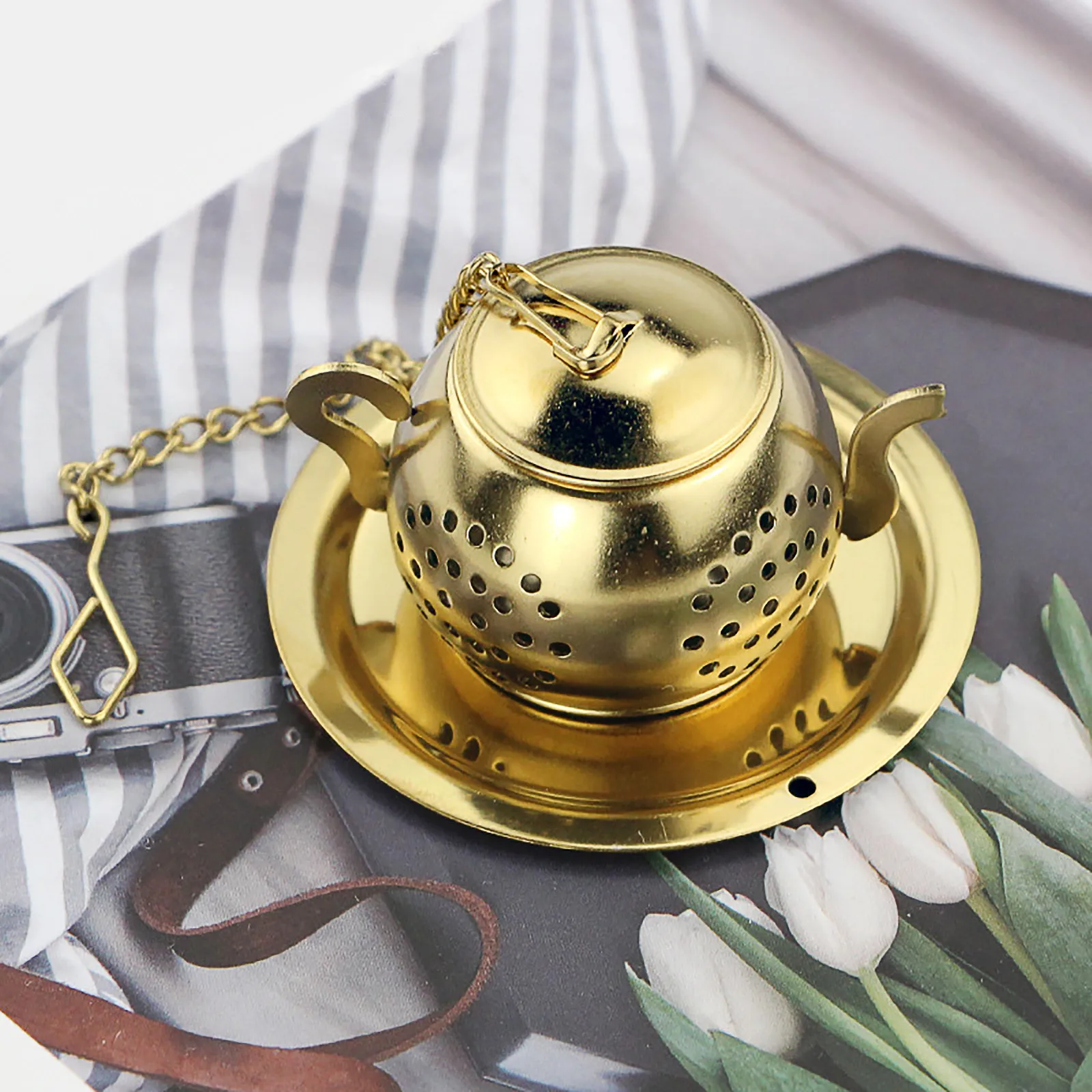 Loose Leaf Tea Infuser with Base and Chain Hook, Reusable Stainless Steel Tea Ball,Fine Mesh Tea Strainer, Herbal Infuser, Gold