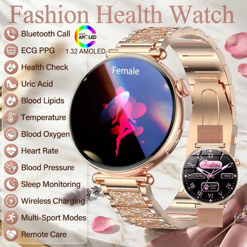 

Fashion Health AI Smart Watches Woman AMOLED Screen ECG Heart Health Analysis BT Call Smart Watches For lady Waterproof Original